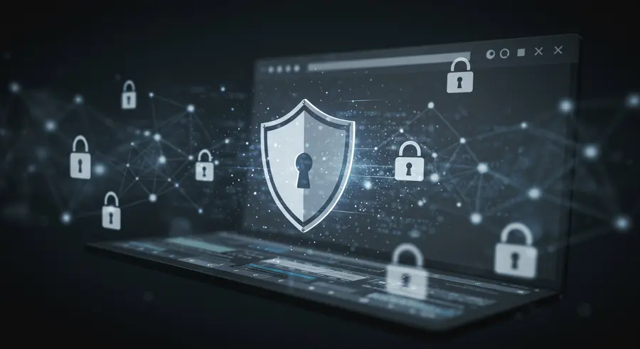 Digital privacy and security, with a shield icon over a browser interface