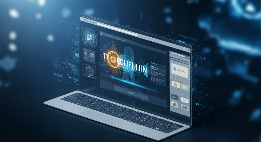Future of web browsing, with elements of artificial intelligence, blockchain, and virtual reality in a sleek, futuristic browser interface.